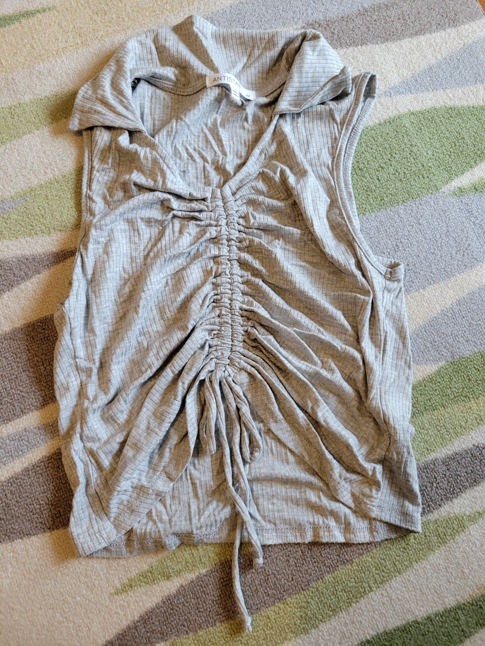 Ruched Front - Sleeveless Crop Top With Collar- Light Gray